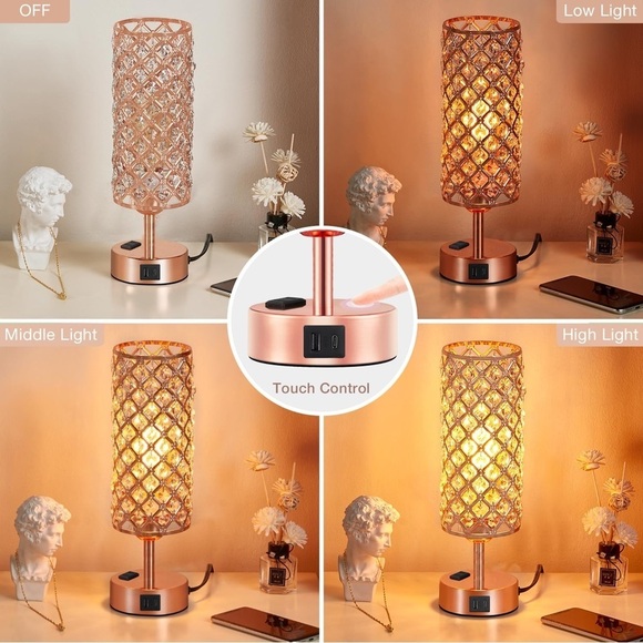 Rose Gold Set of Two Bedside Lamps Touch and Charging NWT - Picture 7 of 8